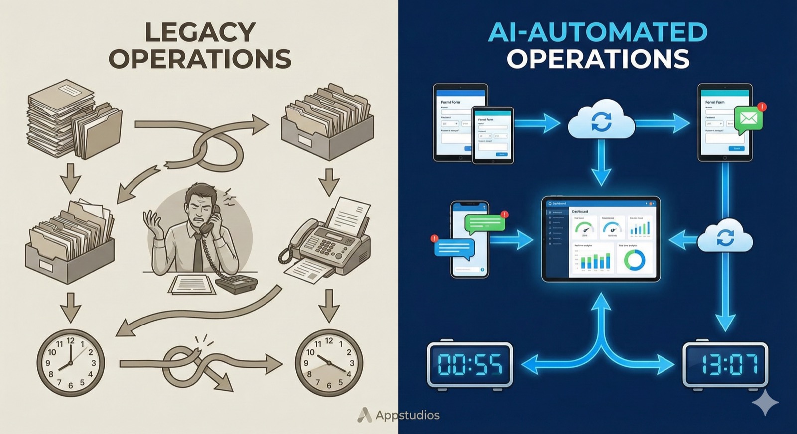 Visual comparison of legacy manual operations versus streamlined AI-automated future state